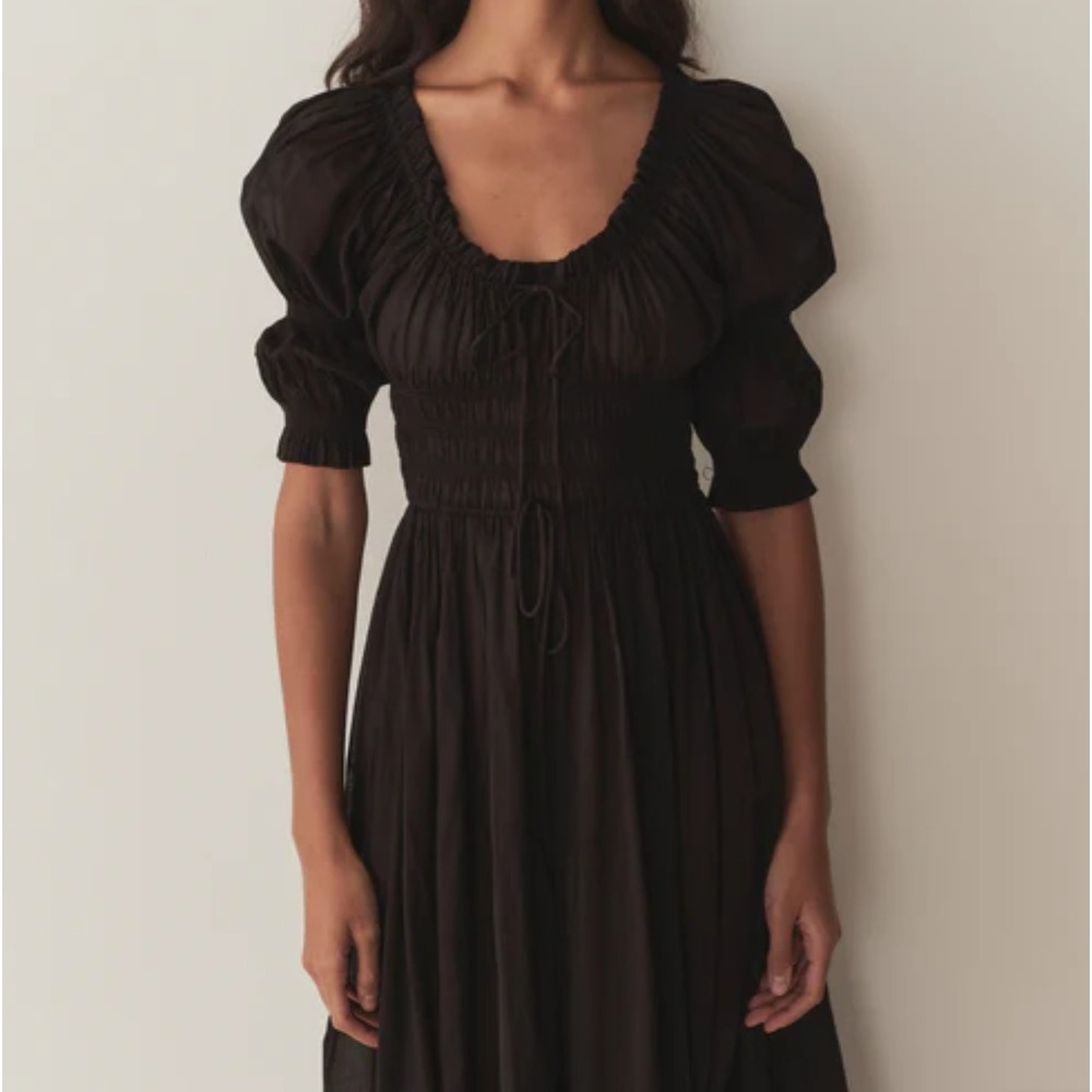 Doen Ischia Dress Black Organic Cotton Viscose Smocked Puff Sleeve Midi XL - Picture 3 of 16
